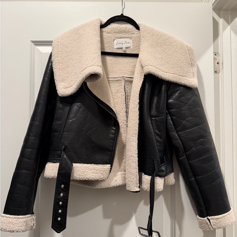 Leather Black and White Sherpa Fluffy Emory Park Black and Cream Women's Jacket